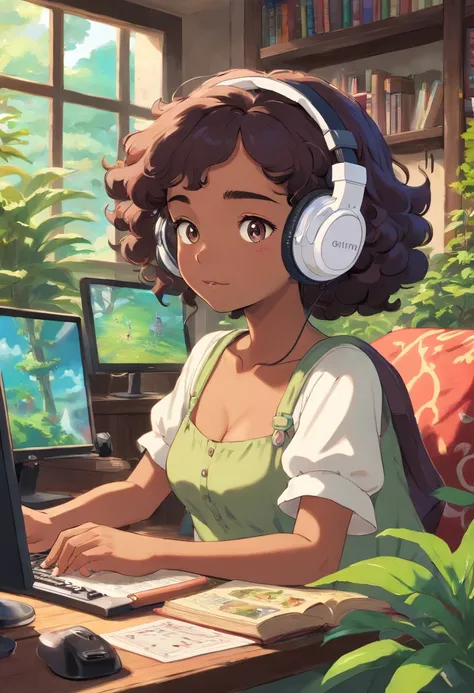 black girl with short curly wearing a gaming headset. she’s playing a game on her gaming pc. her room is cozy with lots of books and plants. she’s wearing corset outfits. She have a sad facial expression. her ears are pierced with beautiful earrings. put a...