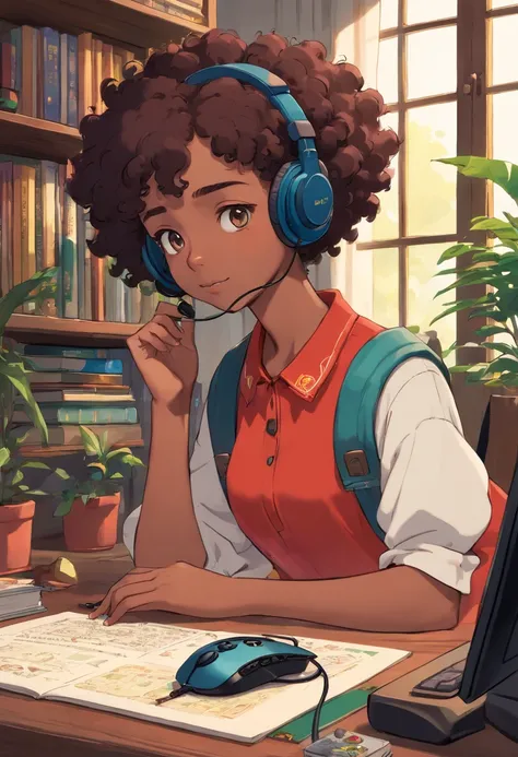 black girl with short curly wearing a gaming headset. she’s playing a game on her gaming pc. her room is cozy with lots of books and plants. she’s wearing corset outfits. She have a sad facial expression. her ears are pierced with beautiful earrings. put a...