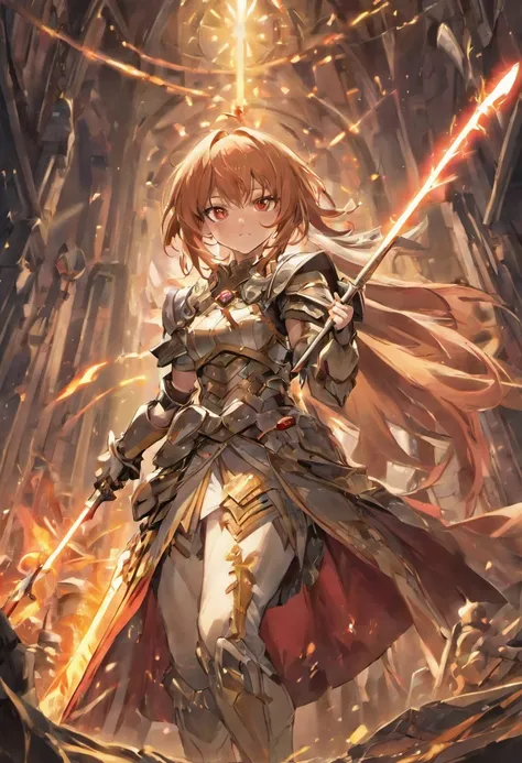 (8k unit wallpaper CG extrem detailliert, Meisterwerk, best quality, Ultra-detailliert), illustrator Goblin Slayer holding the guard in the left hand and holding the sword in the right hand, (only the left eye glows red), against ogres, (((nur))), ((Weitwi...