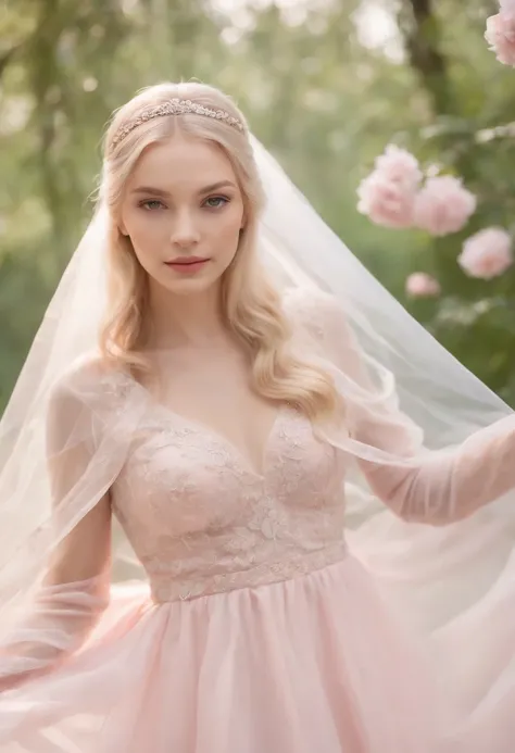 (Full body image of 1 young woman dressed as a bride，Wear a large transparent veil and a pink dress. + Soft and delicate + Blonde hair)+(Long dresses in bright colors., bright lighting, long straight blonde hair + Bright and friendly eyes)+(pink petals + L...