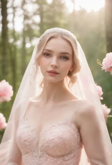 (Full body image of 1 young woman dressed as a bride，Wear a large transparent veil and a pink dress. + Soft and delicate + Blonde hair)+(Long dresses in bright colors., bright lighting, long straight blonde hair + Bright and friendly eyes)+(pink petals + L...