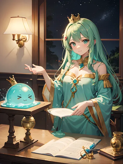 Cute blue-green anime-style slime stain with a golden crown standing on a table that has a red philosophers stone and a container with a celestial liquid experiment in an anime-style fantasy alchemy workshop, artee desviado Wafkie, https (In English)://www...