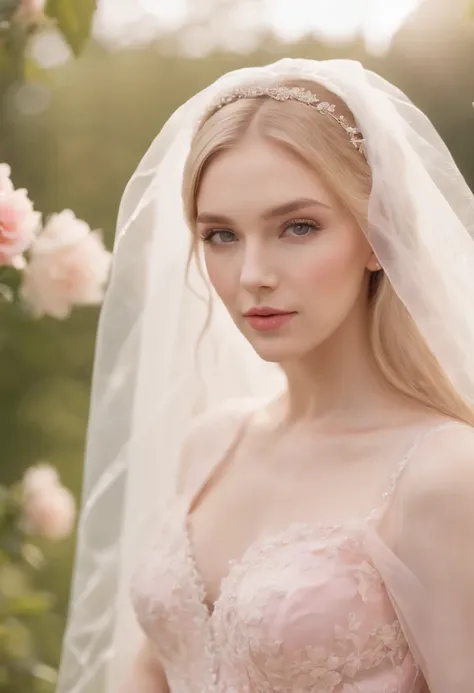 (Full body image of 1 young woman dressed as a bride，Wear a large transparent veil and a pink dress... + Soft and delicate + Blonde Hair)+(Long dresses in bright colors..., bright lighting, long straight blonde hair + Bright and friendly eyes)+(pink petals...