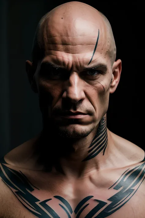 Portraiture, Portrait photo, Only the face is in the frame, Young muscular bald pole with tattoo on face, fearsome, evil