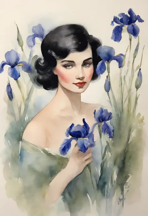 Young girl with short black hair and blue irises, Stacia Burlington style, aquarelle, Soft color, Serene face, Close-up, Vintage pictures of hand manicures，Thick eyelashes