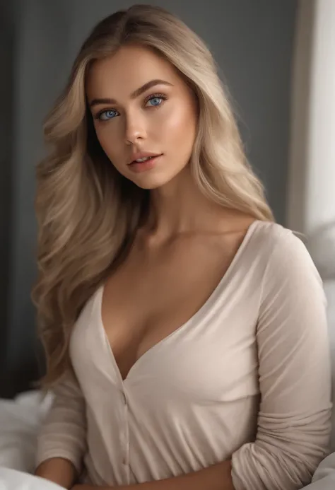 arafed woman fully , sexy girl with blue eyes, ultra realistic, meticulously detailed, portrait sophie mudd, blonde hair and large eyes, selfie of a young woman, bedroom eyes, violet myers, without makeup, natural makeup, looking directly at the camera, fa...