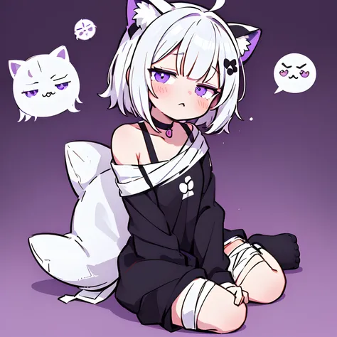 anime girl with short white hair just above her shoulders, black pajamas, choker,purple bows on hair, bandages on the hands,cute...