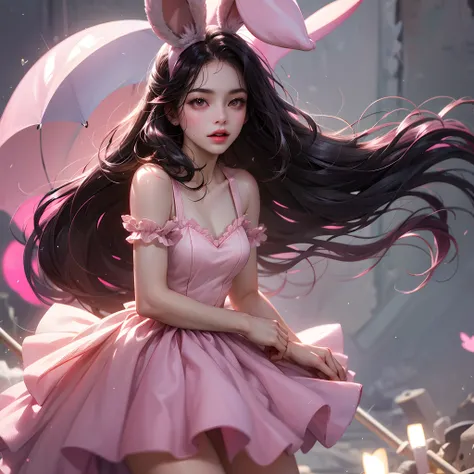 a women, pink bunny ears, black hair, pink eyes, pink dress