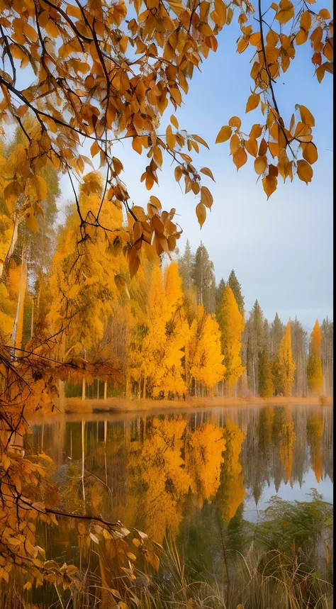 ((finland autumn)), trees are reflected in the water of a lake in the fall, golden autumn, during autumn, autumn tranquility, beginning of autumn, autum, autumn colors, shades of gold display naturally, beautiful forests and trees, in the autumn, autumn se...