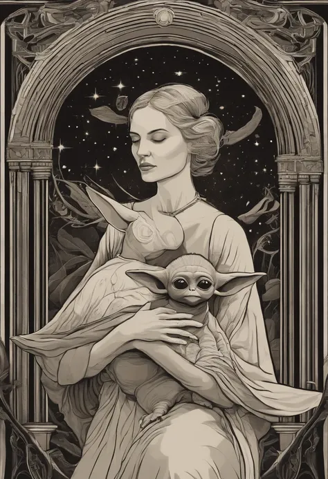 female Jedi cradling the baby Yoda for breast feeding in Starwars, high quality, highly detailed, fantasy, At the forefront of this enchanting scene stands a fantastical creature, a harmonious fusion of the whimsical beings imagined by Hieronymus Bosch and...