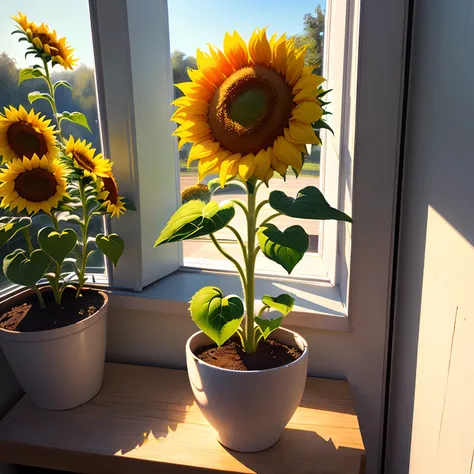 One sunflower, in the window, a bee flying around the flower