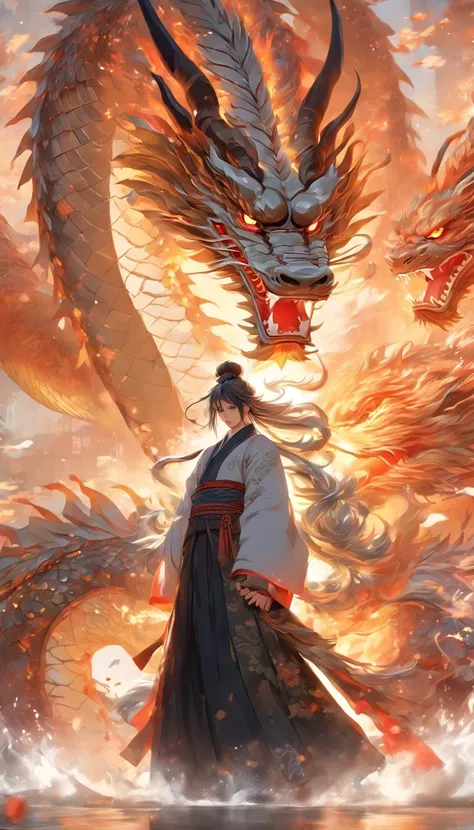 China style，中景 the scene is，The mechanical-style Taoist priest stood in front of a huge transparent dragon，reaching out her hands，With a sword in his right hand, he confronts the dragon，Long messy hair，Glow effect，Hyper-realistic，Ultra photo realsisim，Chin...