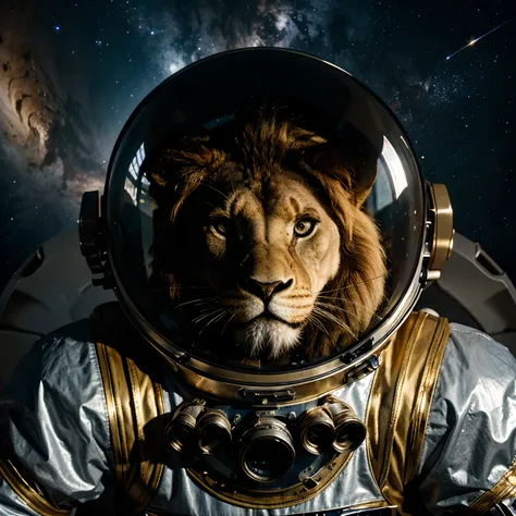 A lion inside a space suit. You can see a metallic space suit with a lions head out the top