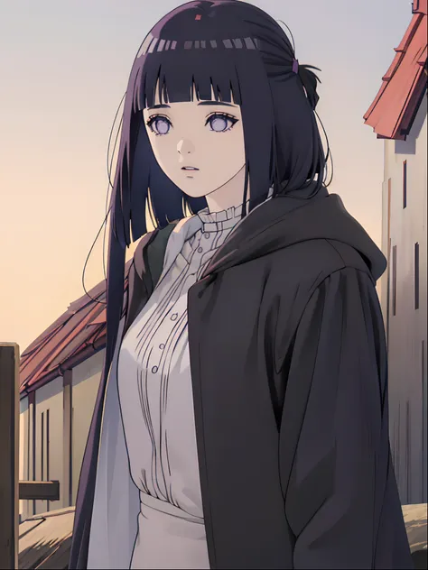 anime, a girl with dark blue hair and a black jacket stands on a balcony,  anime visual of a cute girl, hinata hyuga, anime visu...