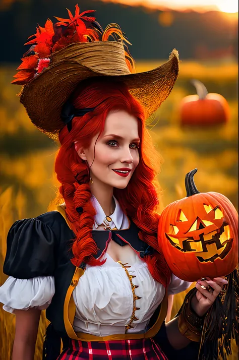 Cyberpunk is more solid, 8 k, HD illustration, Masterpiece, ultra quality, High Resolution, Detailed, character rpg game, Halloween Atmosphere, in full height,  Negative character in the game, Red-haired peasant girl in a straw hat, national German clothin...