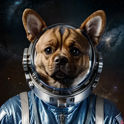 A cute dog in a space suit. Metallic space suit with dogs head out the top. Background of paw prints and space