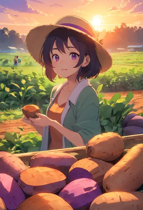 Brilliant sunset、Fluffy Giant Panda，Extremely cute，a straw fedora hat、Purple sweet potatoes、Pile of sweet potatoes、Abundant fruiting farm，Ultimate HD image quality