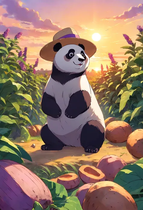 Brilliant sunset、Fluffy Giant Panda，Extremely cute，a straw fedora hat、Purple sweet potatoes、Pile of sweet potatoes、Abundant fruiting farm，Ultimate HD image quality