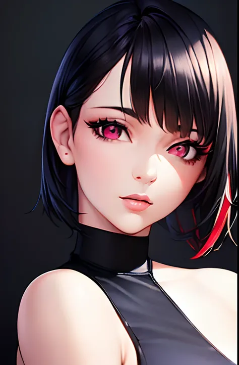 (best quality,ultra-detailed,realistic:1.37),high-fashion,portrait,beautiful girl with a confident expression,fashionable black and red and blue stylish outfit,streetwear,trendy trousers,stylish pose showing off her alluring figure,chic short black hair,at...