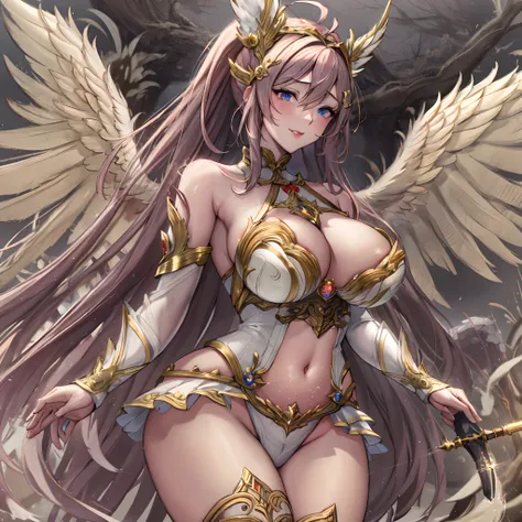 Quality over 8K, a female angel,Sexy,Long Blonde Hair,Anime,Goddess,Symmetrical blue eyes,Ultra detailed eyes,Transparent lingerie,forest,Sword,golden wings,Full body,hyperdetailed lips, hyperdetailed face, Double eyelids, Ultra Detailed feet,で,Beautiful l...