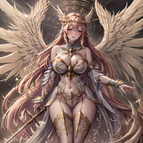 Quality over 8K, a female angel,Sexy,Long Blonde Hair,Anime,Goddess,Symmetrical blue eyes,Ultra detailed eyes,Transparent lingerie,forest,Sword,golden wings,Full body,hyperdetailed lips, hyperdetailed face, Double eyelids, Ultra Detailed feet,で,Beautiful l...