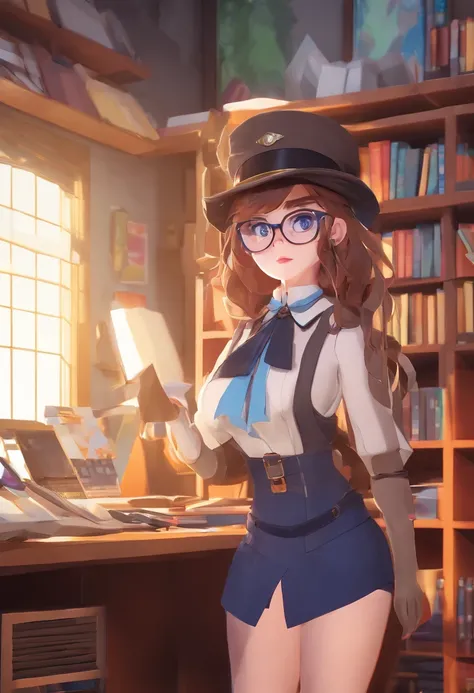 1girl in, lillaevil, Brown hair, eyes are brown, Short hair, black capelet, Skirt, White stockings, blue-tinted eyewear, Mini Hat,, Indoors, hideout, Many computer monitors, phantom thief hideout,, ,