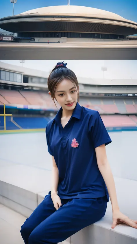 (bestquality,10,10,highres,masterpiece:1.2),ultra-detail,(Realistic,photorealistic portrait,photo-realistic:1.37),1 Cute girl in the football field,oily shiny skin,bara,light smile,BDclothes,((blue shirt:1.3)),short sleeves,shirt, trousers.,(navy_long_Pant...