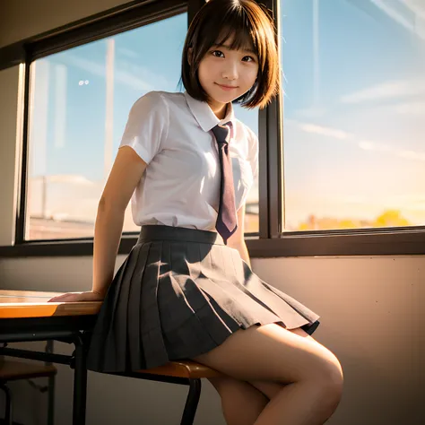 Best quality, beautiful girl , cute girl, Japanese girl, high school girl, mini skirt, sit down on chair, classroom, window, sunset, desk , bib cut short hair, shot on camera