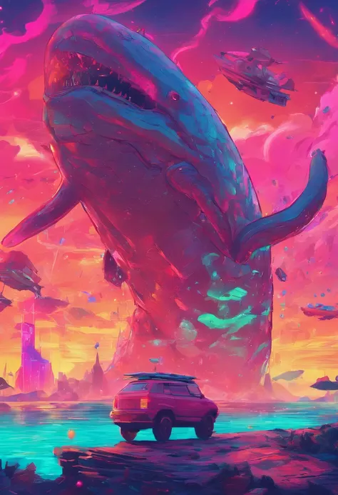 Anime - Stylized image of a tiny man standing in front of a giant whale, Huge whales，A beer bottle，mechanized，Cyberpunk style，Fine details. anime big breast.   Anime epic artwork, dreamy psychedelic anime, colorful concept art, emotional concept art, Beepl...