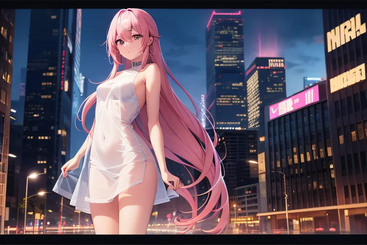 girl with transparent dress in a city at night, pink hair, detailed face looking at camera, nude, see all the girl cyberpunk anime, full body view, 8k, super detail, Precise, Best quality