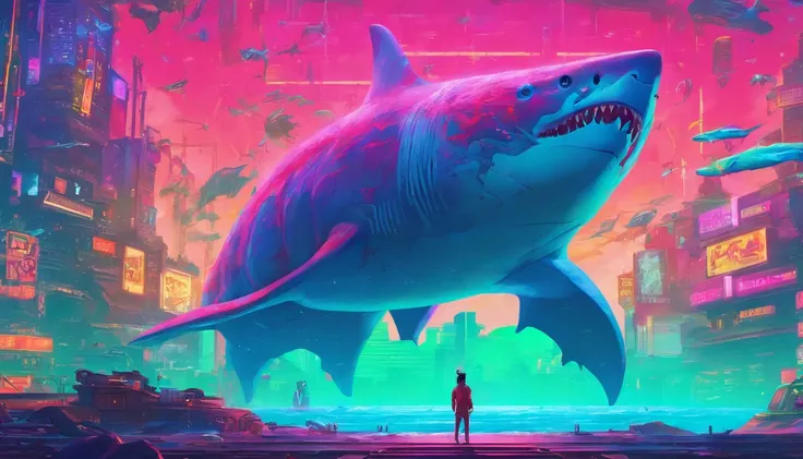 Anime - Style image of a tiny man standing in front of a giant shark, Huge whales，A beer bottle，mechanized，Cyberpunk style，Fine details. anime big breast. Anime epic artwork, dreamy psychedelic anime, colorful concept art, emotional concept art, Beeple e J...