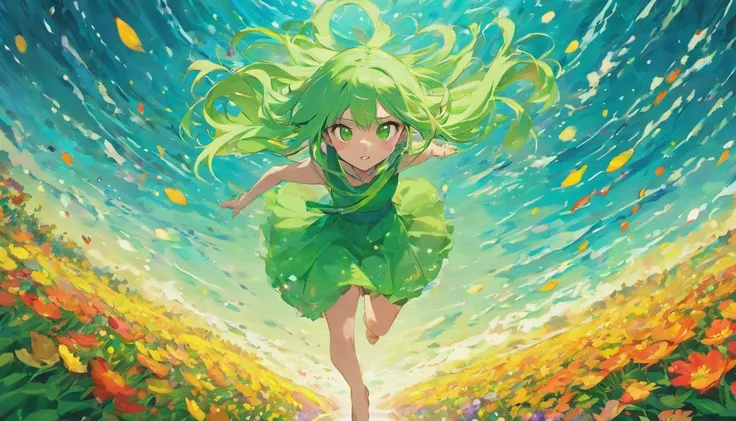 A girl with long green hair is running in a sea of flowers、Faraway view