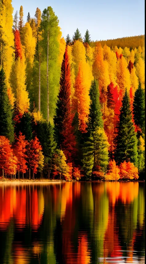 trees are reflected in the water of a lake in the fall, golden autumn, during autumn, autumn tranquility, beginning of autumn, autum, autumn colors, shades of gold display naturally, beautiful forests and trees, in the autumn, autumn season, beautiful imag...