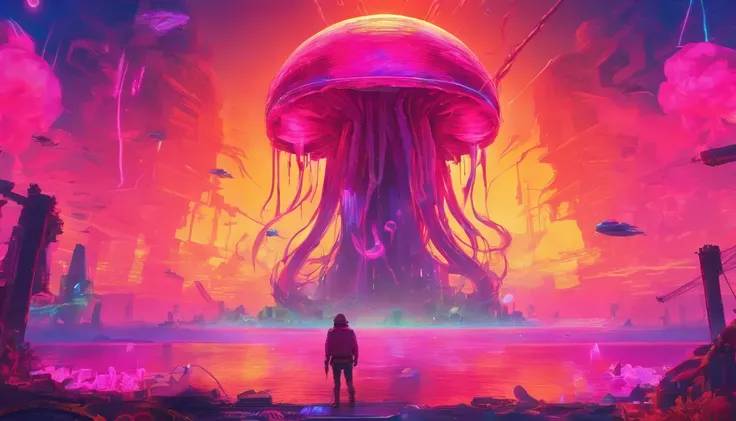 Anime - Stylized image of a tiny man standing in front of a giant jellyfish, Giant jellyfish，A beer bottle，mechanized，Cyberpunk style，Fine details. anime big breast. Anime epic artwork, dreamy psychedelic anime, colorful concept art, emotional concept art,...