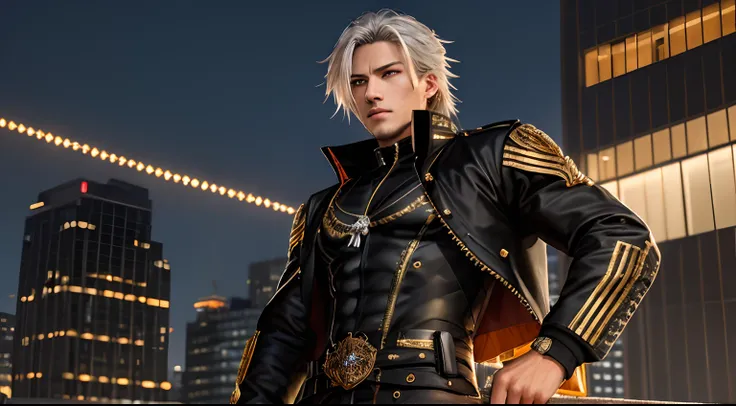 ((masutepiece)), best qualtiy, ultra-detailliert, Intricate details, Rich colors,30-years old, Sharp Focus, Strong and muscular man (((Black jacket with light gold details))))), ((With golden orange eyes)), Very long and long hair and spiky, silver white h...