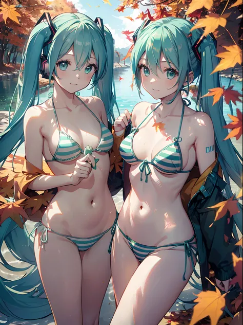 absurderes,(​masterpiece、top-quality、8K ),intricate detailes,1 Cute Beautiful Girl、((miku hatsune:1.5)),(Green hair、Twin-tailed:1.2),((Mint green striped string bikini:1.5)),A slender、Smaller chest、thin-waist、kawaii pose、Autumn lake、(Lots of autumn leaves:...