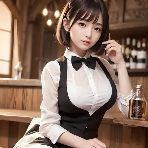 Beautiful,(masutepiece, Best Quality),(High resolution),(Ultra-high detail),(16 K),textile shading,Raw photo,Photorealistic,gleaming skin,(One girl is wearing a dress shirt,Black vest with bow tie,Black slacks),20 years old,Natural makeup,lip stick,bob cut...