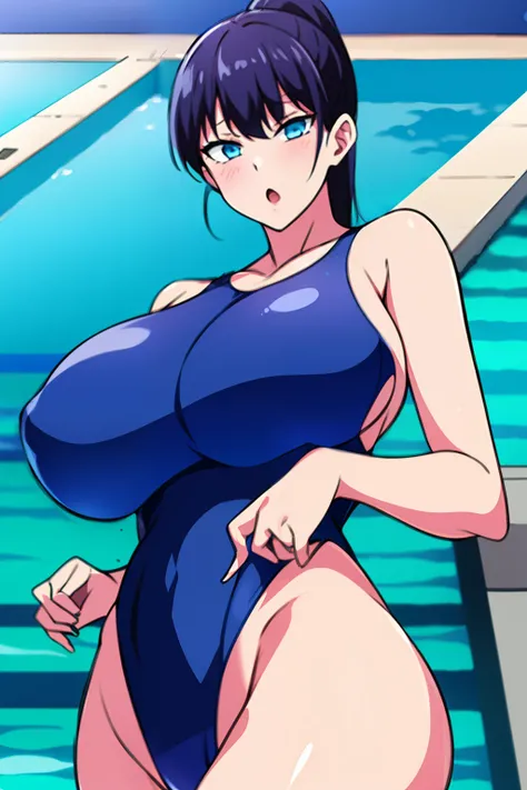 Best Quality, High resolution, Bare shoulders, pool, blue competition swimsuit,鎖骨, Black_hair,Blue eyes,Ponytail,Bangs,Long hair ,(Huge breasts:1.2), :o, from below, (from side:0.8), camel toe