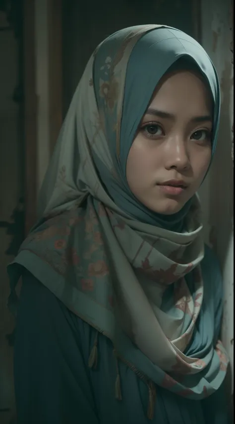 malay girl in hijab in an abandoned house, 70mm, high angle shot, muted color grading, backlight, cinemascope, romantic drama, h...