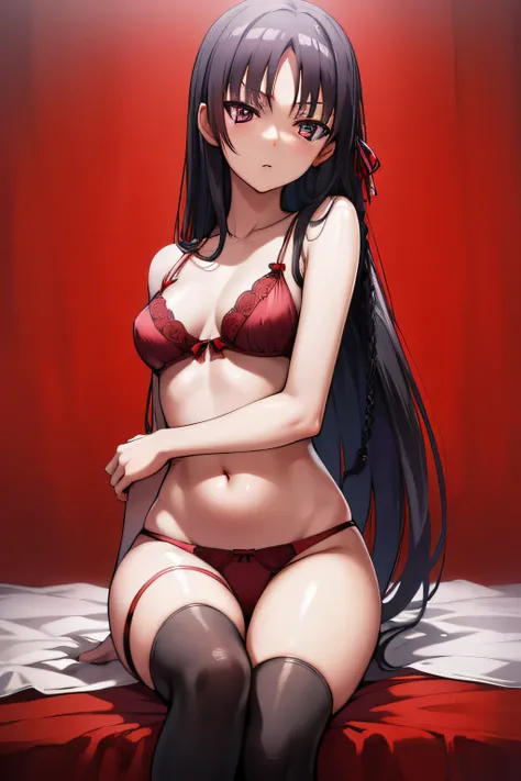 suzunehorikita, suzune horikita, black hair, braid, long hair, (purple eyes:1.1), in red lingerie, best quality, high resolution, unity 8k wallpaper