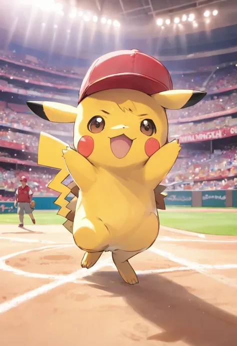 An ultra-high-definition 3D moving scene introducing Pikachu cheering in a bustling baseball stadium. Pikachu, Beautifully rendered down to the smallest detail, Pikachu wears a red baseball cap, Dreamy creation, magical effect.  Full of hope and enthusiasm...