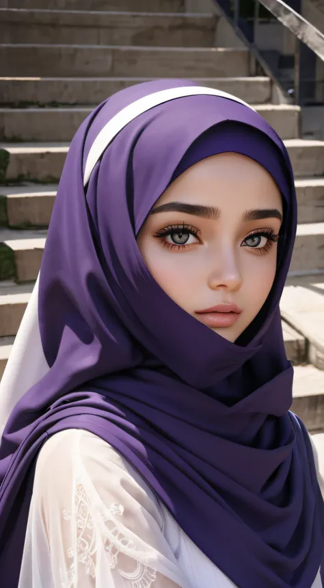 beautiful portrait of a goddess girl, wear hijab, beautiful detailed face, detailed part of body, climbing up the stairs, like a dream background, purple white shades