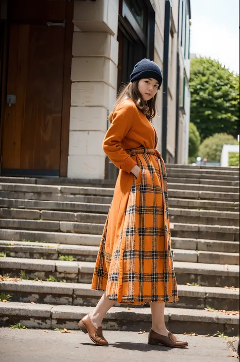 soio、Depiction of gait、holding a large bouquet of flowers in one hand、brown long skirt、Crestbridge Plaid Long Coat、Orange Cap、Pulling photo、Posing with movement、Angle of view from the side、Young European beauties、Brown loafers、Orange clothing、One item in b...