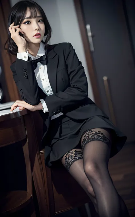 Charming beauties、black pantyhose、Suit jacket、Black tight skirt、beauty legs、Dyed in darkness、lacy fabric、Brainwashing makeup、Hollow eyes