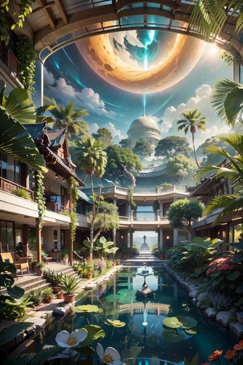 In a whimsical sci-fi world，The picture shows the scene of a two-dimensional science fiction luxury college。The picture shows three different environments：A desert、Rainforest and planetary sky。

The first is the desert environment，You can see the vast yell...