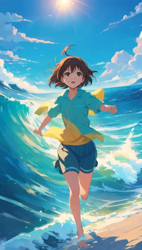 Under the blue sky，One Little Girl，run，swell sea