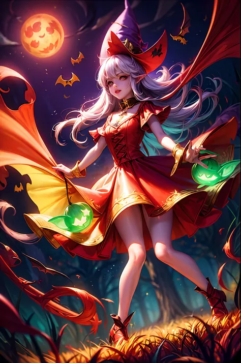 Whimsical Halloween Witch, Wear energetic and playful magical costumes, Stand in a magical forest filled with colorful magic splashes, Hellbringers，red - eyed，Meniscus，Red Moon，borgar，pumpkins，the bats, Cartoon style with watercolor effects, 2D, and white ...