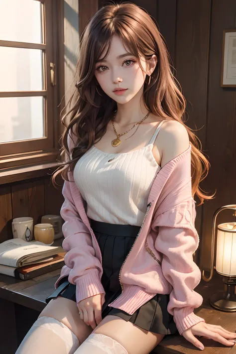 {Masterpiece,Best quality,offcial art,Extremely detailed Cg Unity 8K wallpaper}, full_Moon, Golden hour lighting, {Realistic}, {Real}, {absurderes}, Colorful, Girl, Pink Long Hair, Brown hair, Wavy hair, Beautiful detailed eyes, eye bags, {ribbed sweater},...