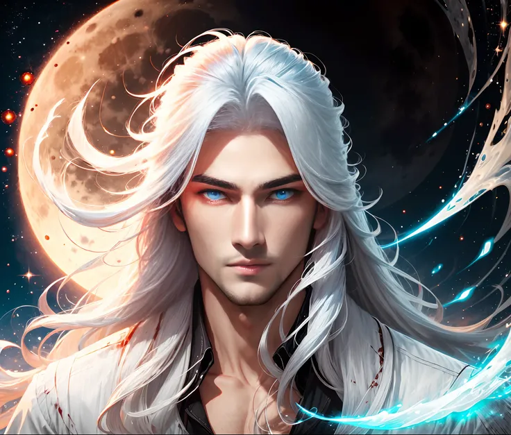 A handsome guy with long white hair, red left eye and blue right eye around him, a white aura behind him, a full moon blood