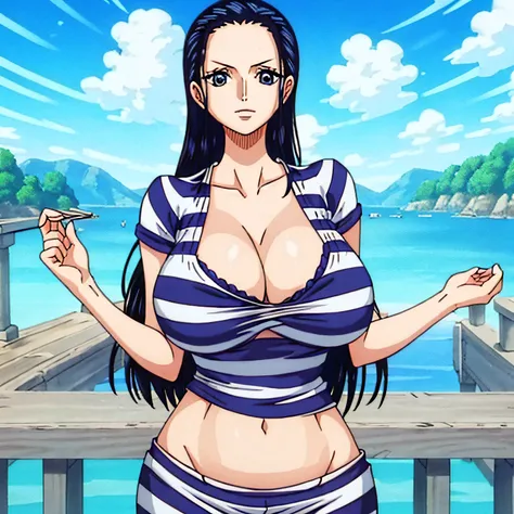 1fille, (Curved body), (seulement),  Hdr, boat, bridge, blue sky, vivid color,(Nico Robin), PriClothes, Striped clothing, prisonnier, Clothes, (huge breasts:1.3), large breasts, beautiful, curvy, full body, holding breasts, complet, pantalon, manches longu...